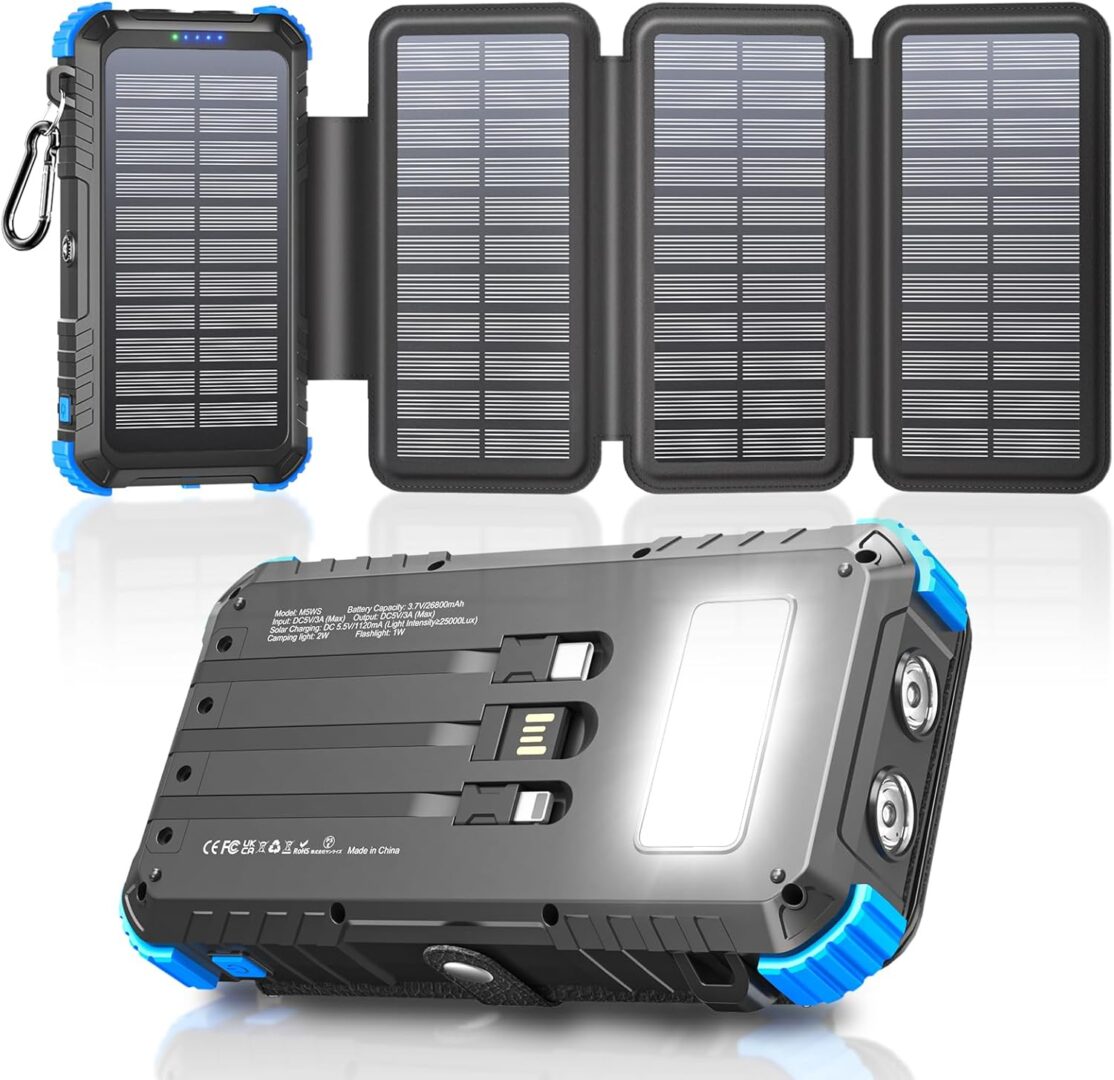 SOLAR TRED SOLAR POWER BANK 26800MAH WITH BUILT IN CABLES & 4 SOLAR PANELS, PORTABLE CHARGER WITH USB-C,