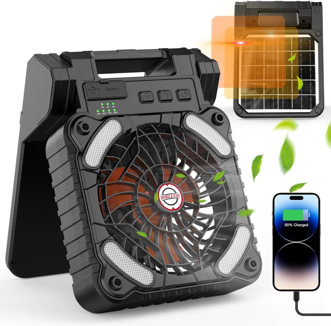 IYEHO SOLAR-POWERED CAMPING FAN WITH LED LANTERN,10400MAH RECHARGEABLE BATTERY