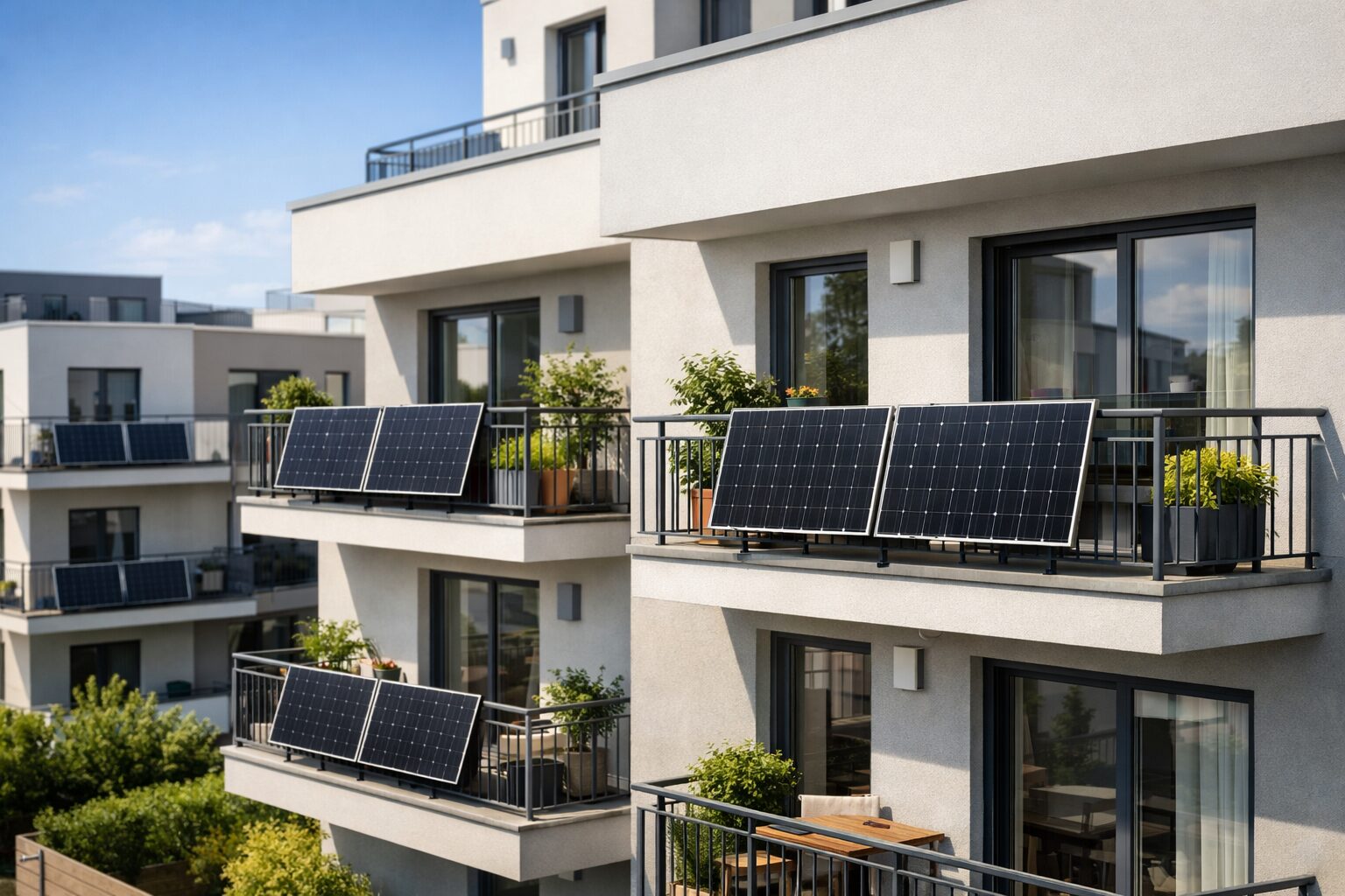 Balcony solar panels on a modern apartment building