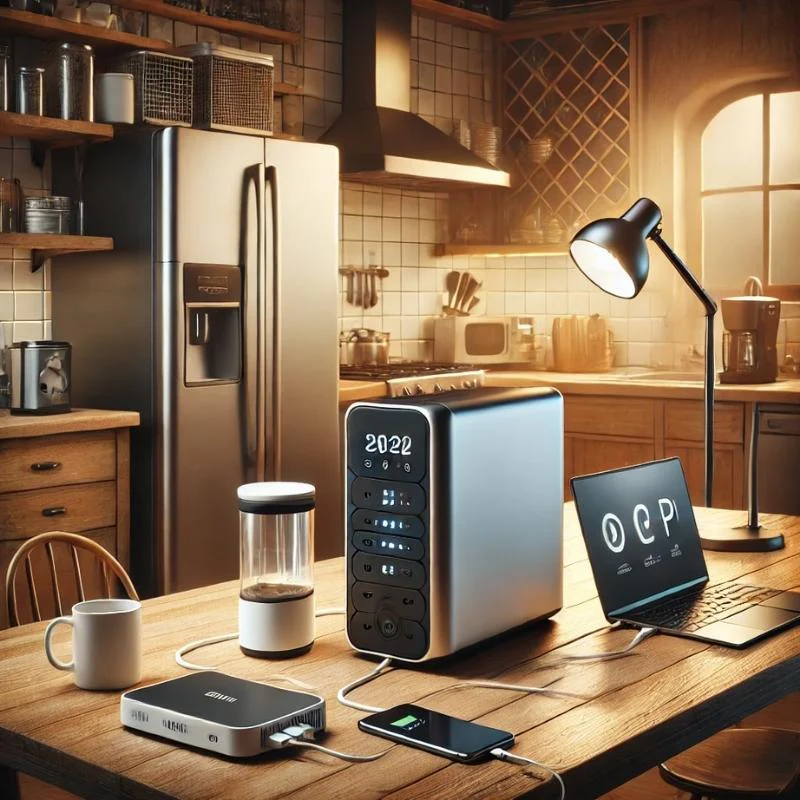 Chargeable portable power station powering home devices