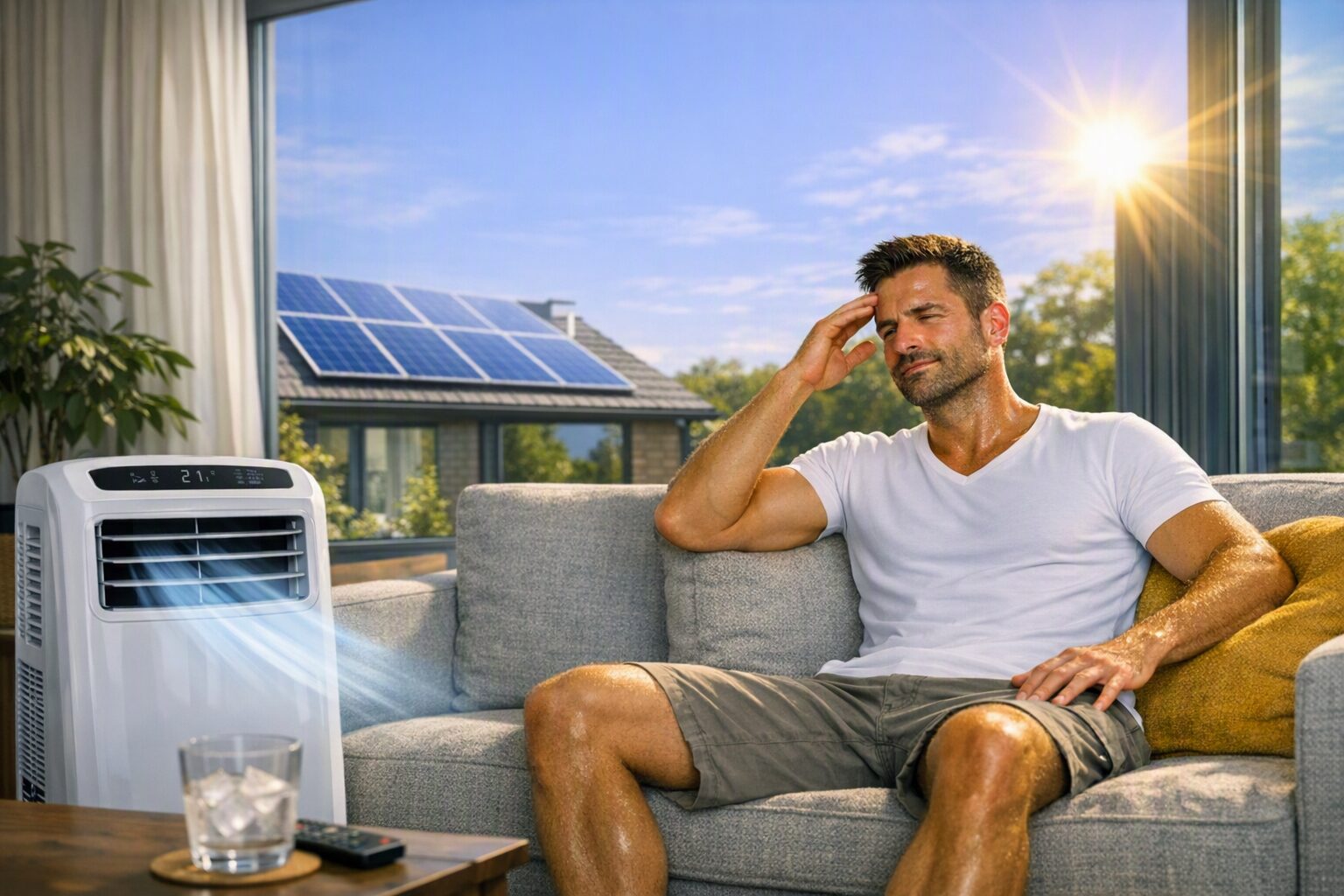 Portable AC back in stock UK - man cooling off on sofa with solar panels visible through window