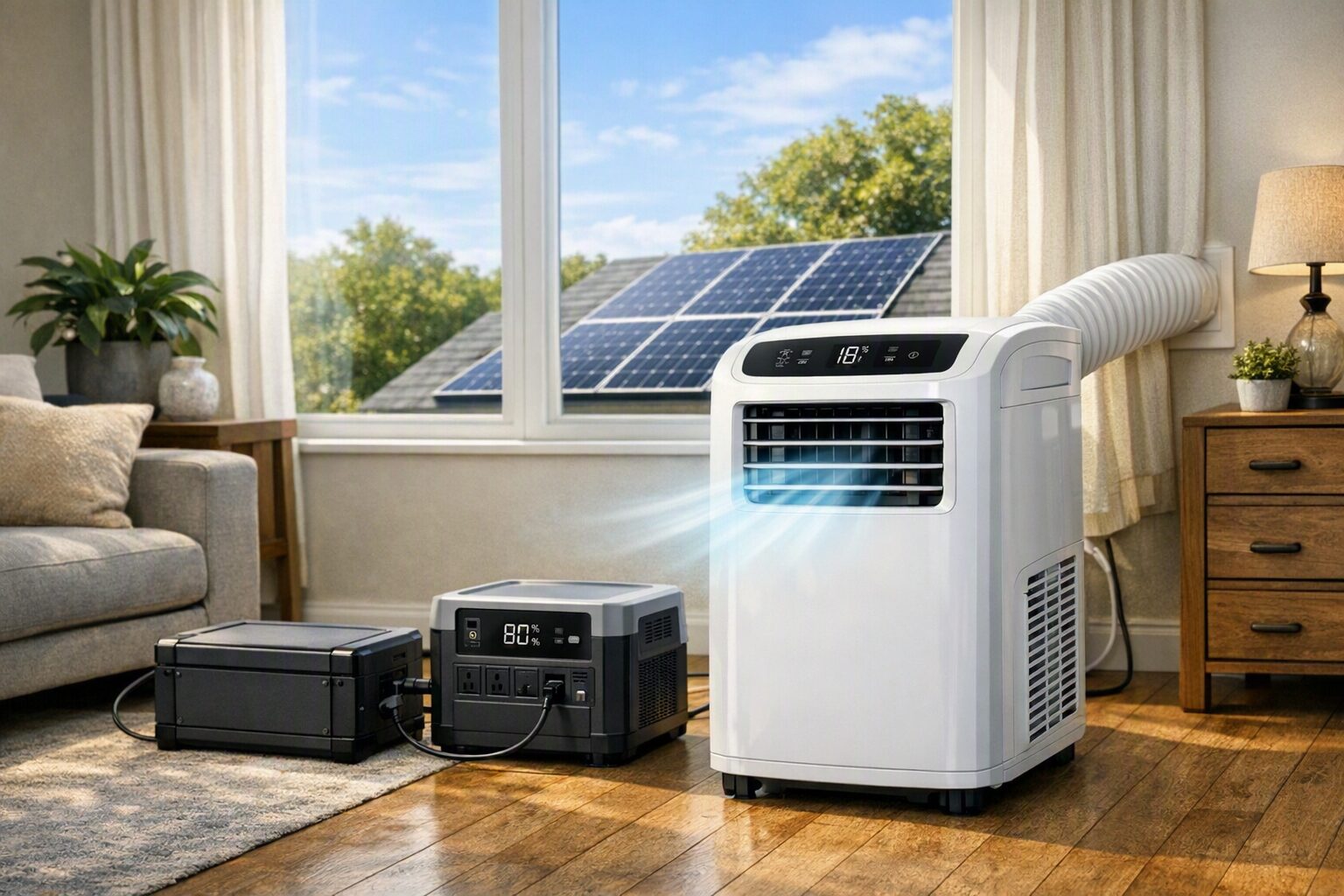 Portable air conditioner running on solar panels in the UK heat