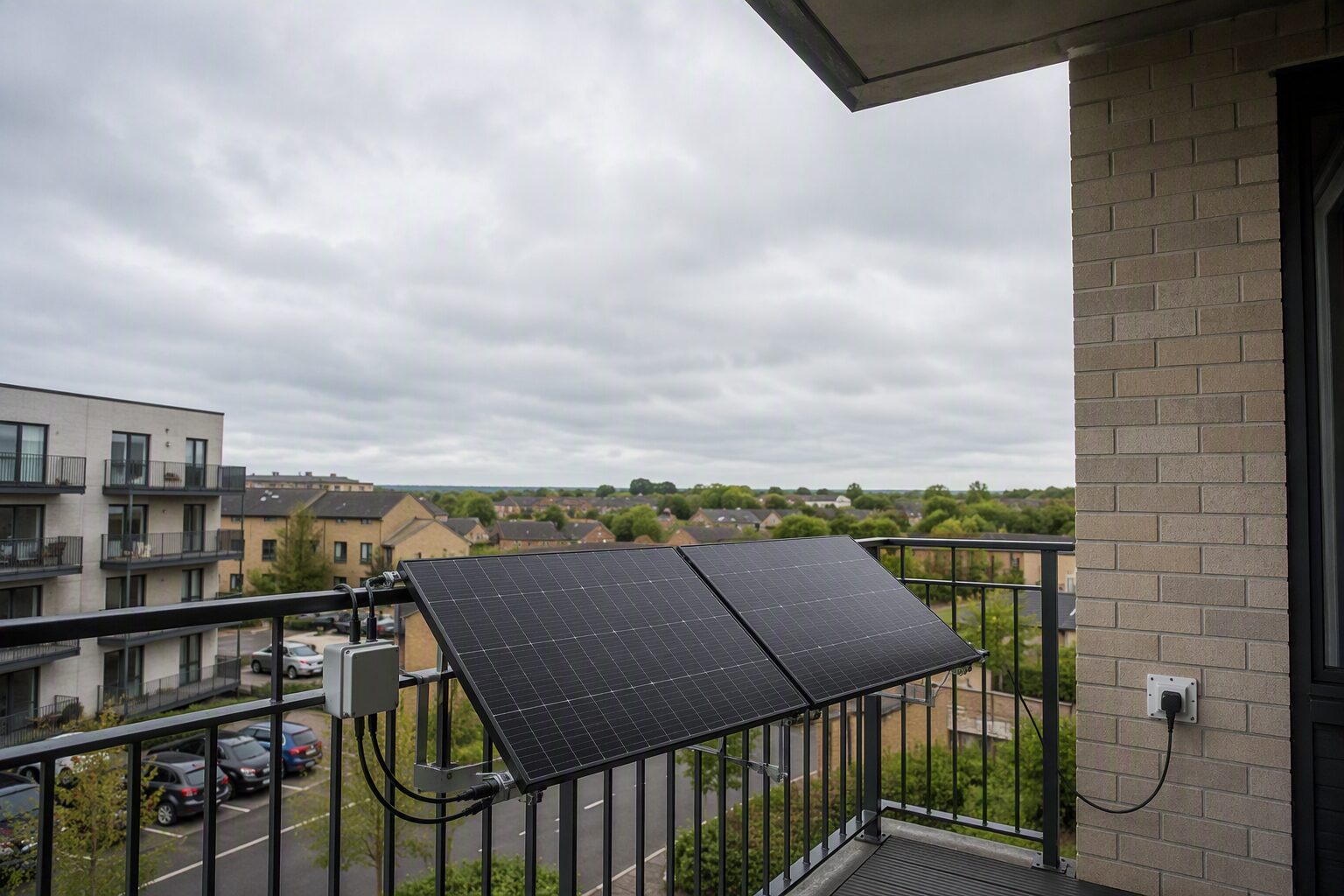 Plug-in solar panel and microinverter on a UK apartment balcony